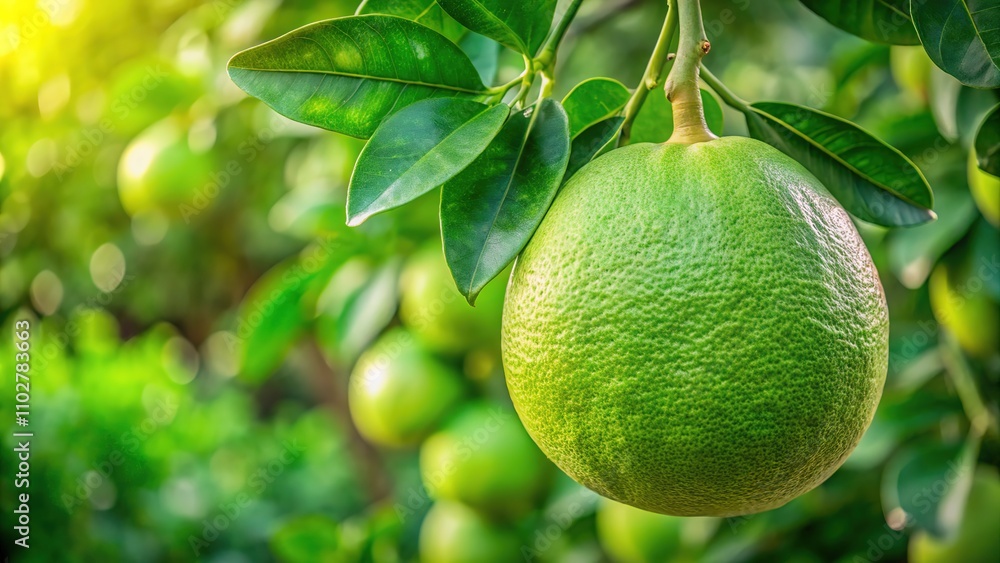 The sun-kissed pomelo, a symbol of organic citrus, shines amidst emerald leaves. The sun-kissed pomelo, a symbol of organic citrus, shines amidst emerald leaves.
