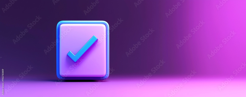 Register and verification concept. 3D checkmark icon on a colorful gradient background. Register and verification concept. 3D checkmark icon on a colorful gradient background.