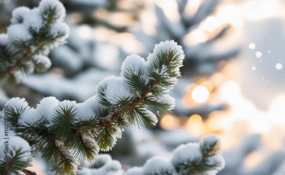 Fir tree branches covered in snow with blurry background and warm light