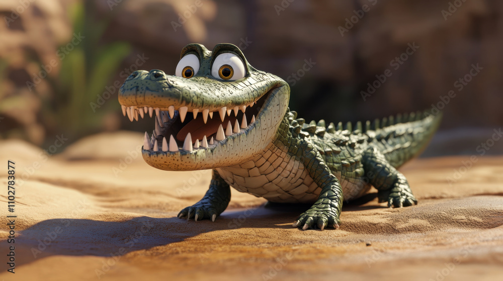 Fototapeta premium cheerful 3D crocodile character with big eyes and sharp teeth, resting on sandy terrain. This animated creature showcases vibrant colors and playful expression