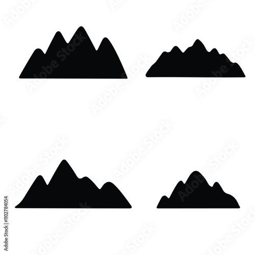 Black silhouette of Cartoon Mountain Peaks and Hills Silhouette Collection Black Vector