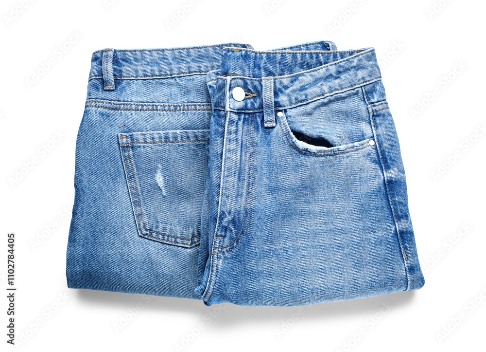 Set of stylish blue jeans on white background Set of stylish blue jeans on white background