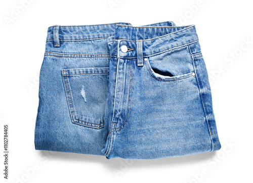 Set of stylish blue jeans on white background