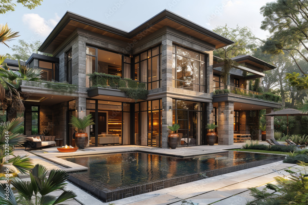 Obraz premium landscaping in front of the villa ornamental pools, and design sculptures in the garden. 