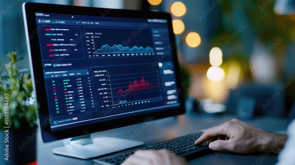 Data Analyst Reviewing Stock Market Trends on a Modern Computer Displaying Financial Charts and Graphs in a Brightly Lit Office Environment Data Analyst Reviewing Stock Market Trends on a Modern Computer Displaying Financial Charts and Graphs in a Brightly Lit Office Environment