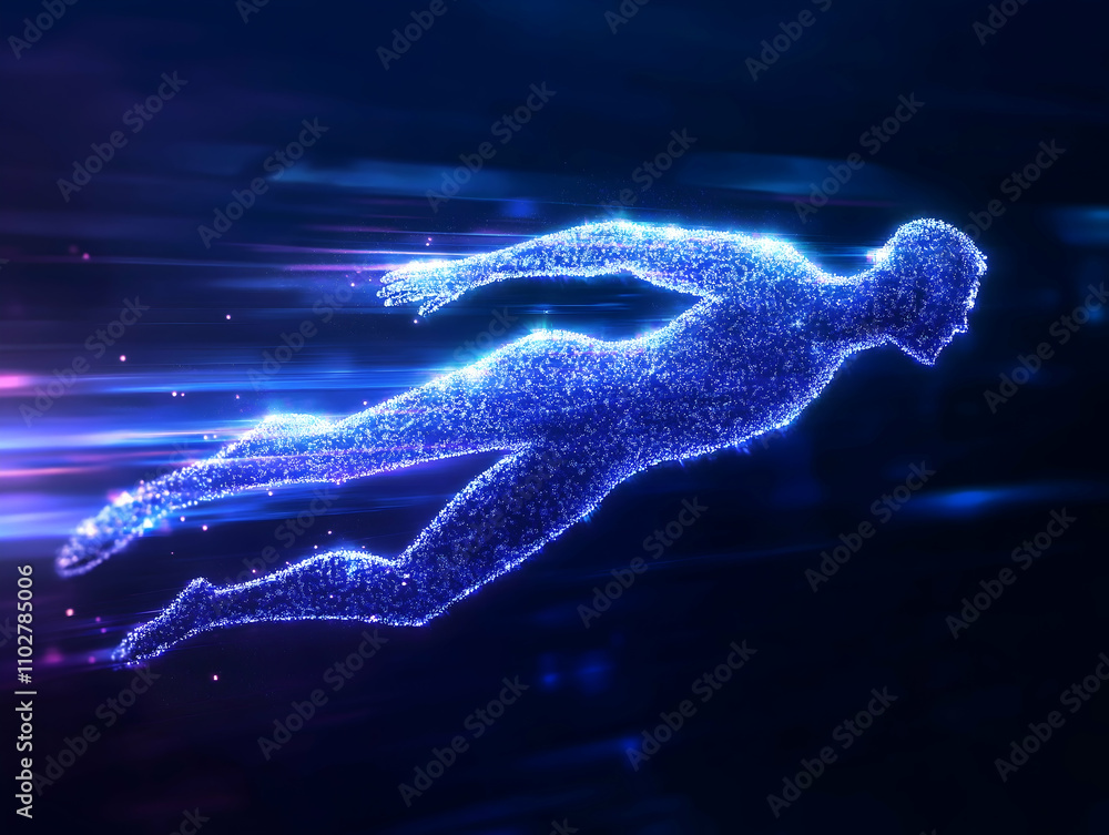 A glowing figure appears to be flying through a futuristic, vibrant environment, represented by dynamic light trails and a cosmic aesthetic. A glowing figure appears to be flying through a futuristic, vibrant environment, represented by dynamic light trails and a cosmic aesthetic.