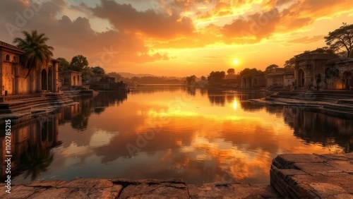 Nagarjuna Sagar Lake, painted gold at sunset. photo