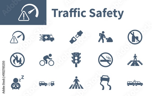 Traffic safety icon. Collection of solid vector icons on the theme of transport, traffic lights, speed warning, slippery roads, car accidents.