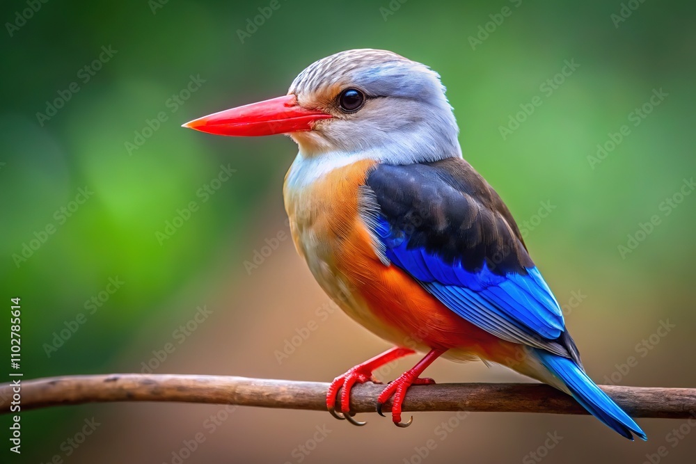 Fototapeta premium With a blurry backdrop, the grey-headed kingfisher is captured in exquisite detail, perched on a branch in a high depth of field image.