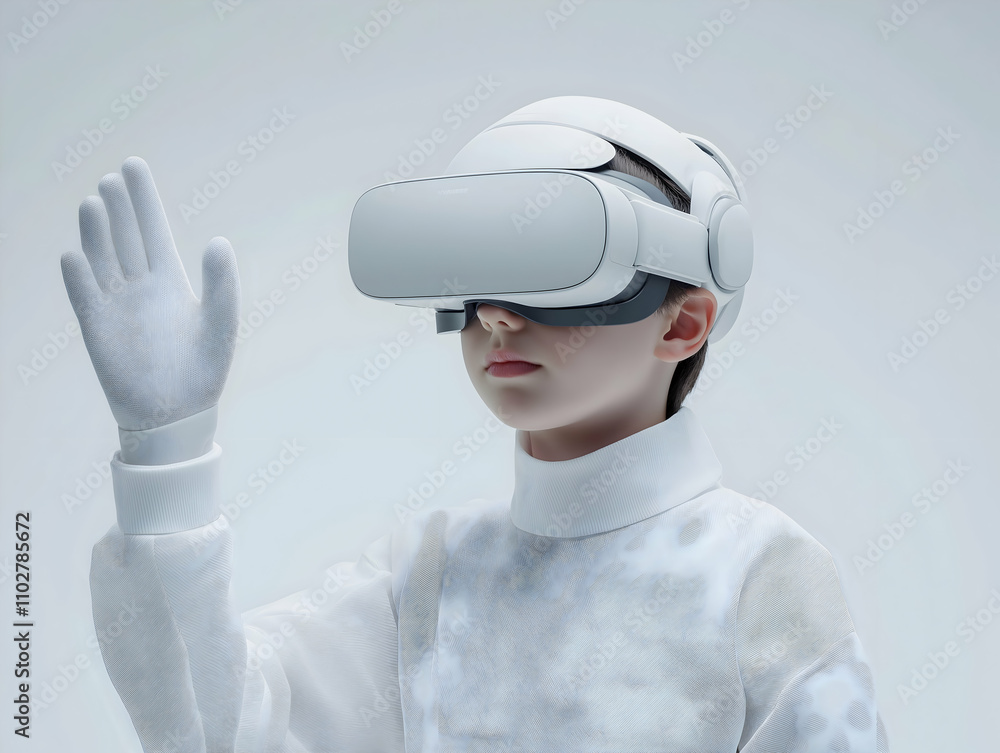 A child wearing a futuristic VR headset, reaching out with a gloved hand in a minimalist, modern setting.