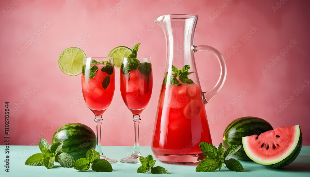 Watermelon mint and lime fresh drink served in glasses with pitcher on pink background Watermelon mint and lime fresh drink served in glasses with pitcher on pink background
