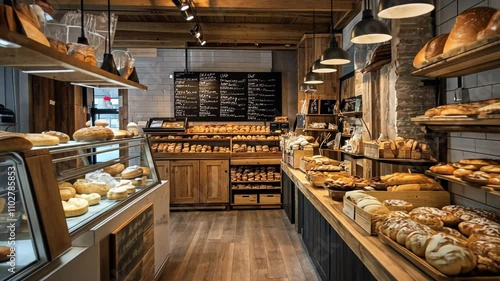 A bakery with a large display case and a chalkboard menu
