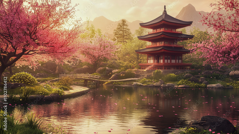 Obraz premium traditional japanese pagoda and zen garden, cherry blossoms in bloom, serene atmosphere, soft daylight