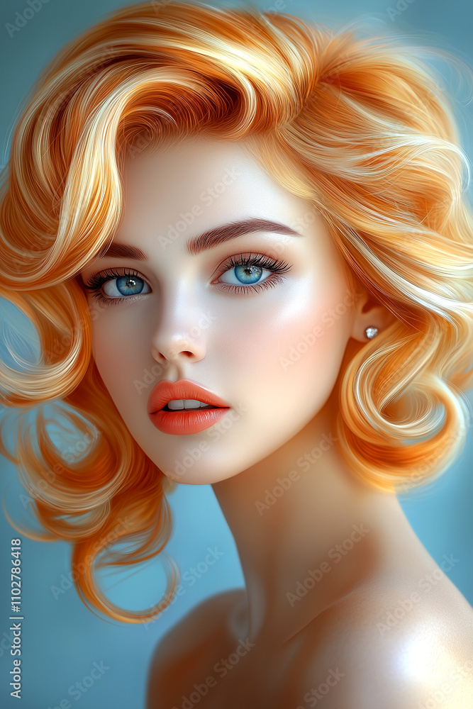 A woman with blonde hair and blue eyes is wearing red lipstick. She has a very pretty and attractive face A woman with blonde hair and blue eyes is wearing red lipstick. She has a very pretty and attractive face