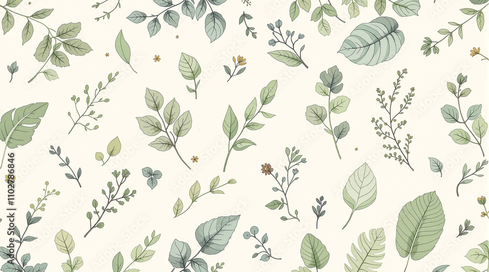 Delicate Botanical Pattern of Assorted Leaves and Branches on a Light Cream Background Delicate Botanical Pattern of Assorted Leaves and Branches on a Light Cream Background