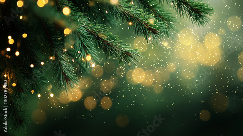 Xmas green close up pine branches with snow and sparkling lights bokeh background for wishing Christmas and New Year
