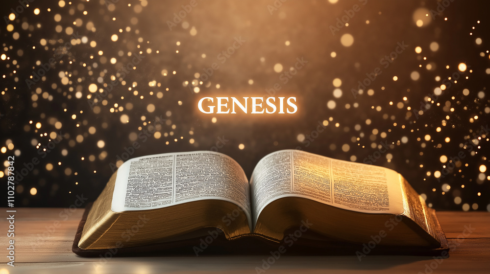 Open bible showing book of genesis with golden lettering and background Open bible showing book of genesis with golden lettering and background