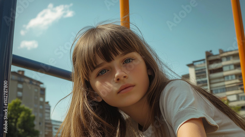 Portrait of pensive young girl playing on urban playground monkey bars photo