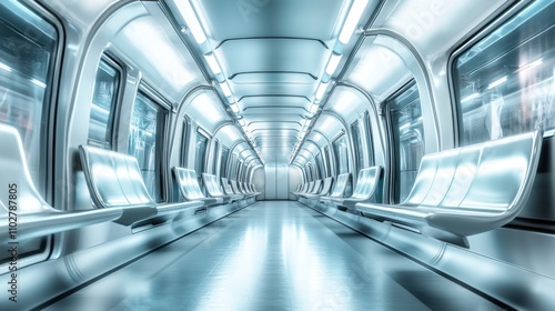 A futuristic subway train interior with sleek seating and bright lighting.