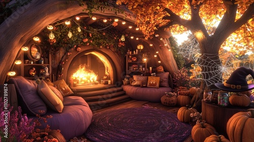 Ñozy autumn hobbit house with fireplace, with a couch with pillows, trees with string lights for both sides, lanterns, string lights on the trees, autumn  photo