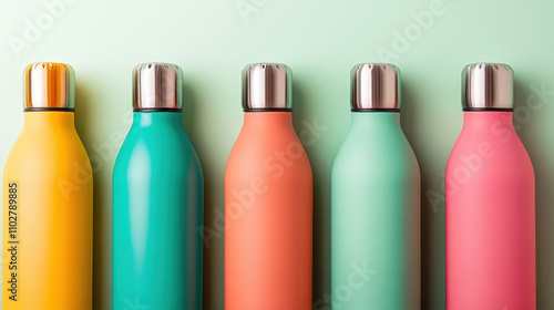 Colorful stainless steel water bottles in row against pastel background. These vibrant bottles showcase modern design, perfect for hydration on go photo