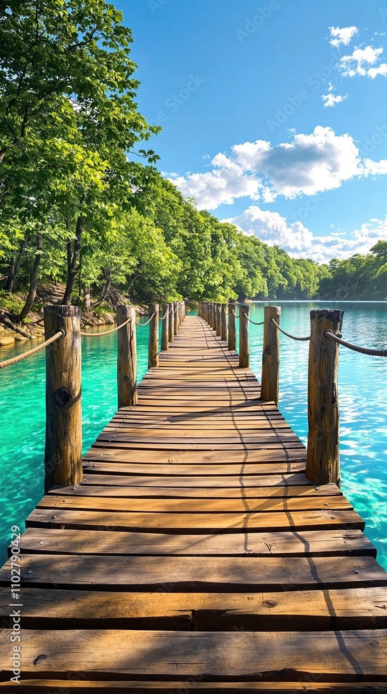 A picturesque wooden bridge over a scenic river beneath a bright blue sky, nature, sky, wooden bridge, outdoors, blue