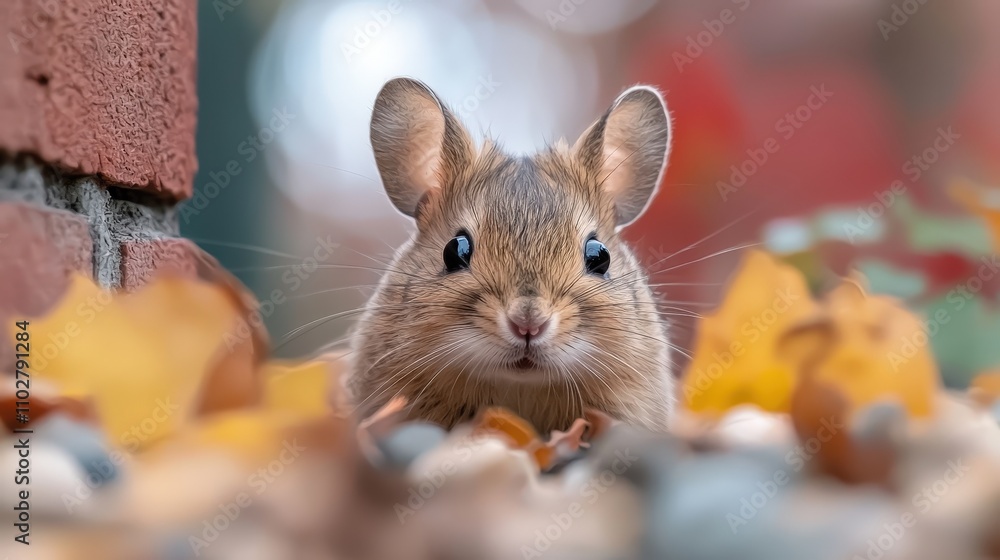 Cute Mouse Autumn Leaves Brick Wall Nature Wildlife Small Animal Cute Mouse Autumn Leaves Brick Wall Nature Wildlife Small Animal
