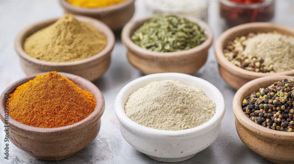 vibrant assortment of spices in bowls, showcasing various colors and textures, perfect for culinary inspiration vibrant assortment of spices in bowls, showcasing various colors and textures, perfect for culinary inspiration