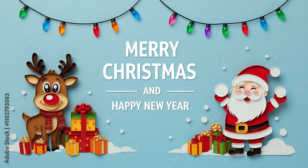 Fototapeta premium Various Christmas, New Year card and banner collection: Santa Claus, Christmas tree, snowman, reindeer, ornament, snowflake, snow covered village, xmas elements and decorations and many more.
