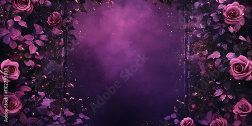 Enchanted garden fantasy artwork, purple floral scene, mystical rose illustration, purple haze Romantasy, magical night garden