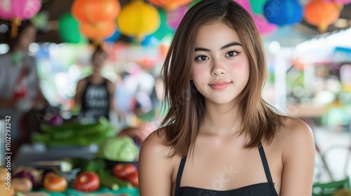 Wallpaper Mural Young Woman at Market  Asian Girl  Fresh Produce  Healthy Lifestyle  Smiling Face Torontodigital.ca