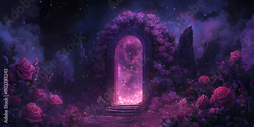 Mystical Portal Garden Night Sky Fantasy Art Dreamy Enchanted Landscape Galaxy Inspired Scenery, Romantasy