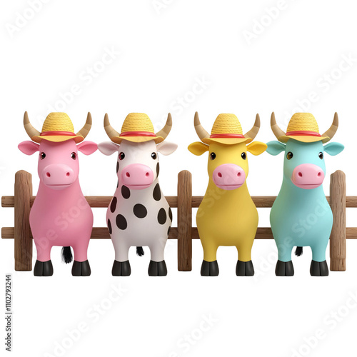 Four cheerful cartoon cows wearing colorful hats, standing together by a wooden fence in a playful farm scene.