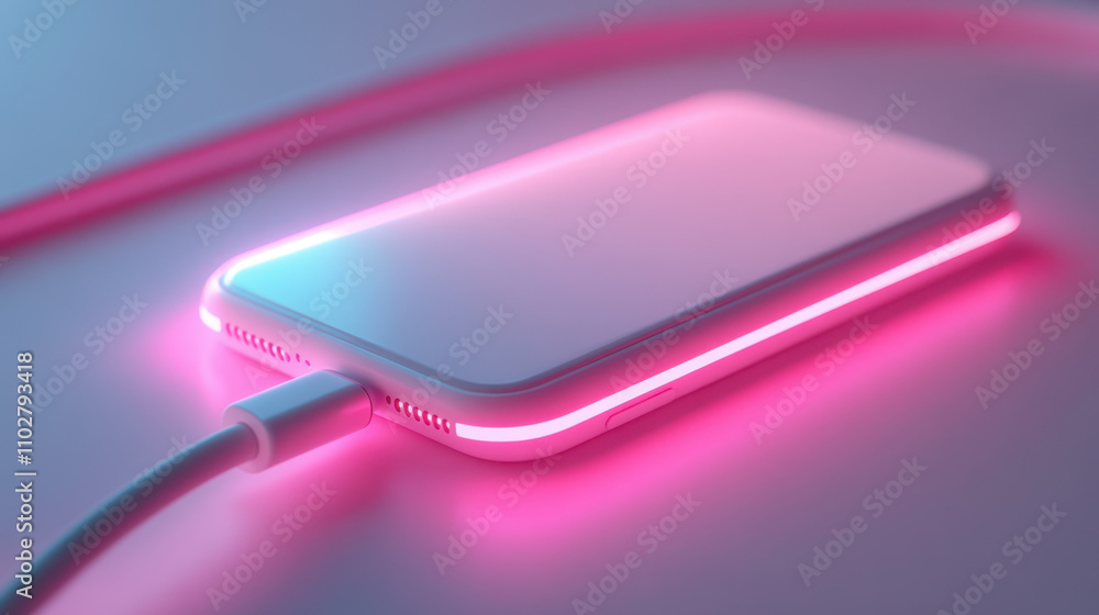 White smartphone charging with pink and blue neon light glow. White smartphone charging with pink and blue neon light glow.