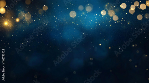 Abstract blue background with scattered gold glitter and bokeh with glow effect luxury christmas or new year celebration background design
