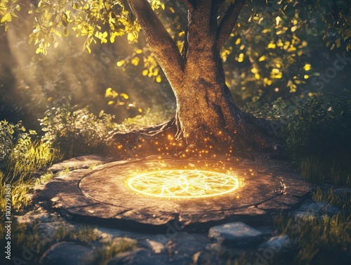 Wiccan ethics in practice, serene setting with glowing representations of the Rule of Three, harmonizing wisdom and modernity