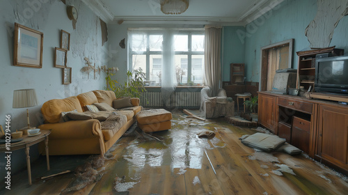 Rooms floor submerged in water, highlighting the extensive water damage to the interior that requires urgent repair and restoration services.