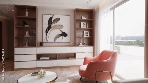 Modern living room with coral armchair and minimalist shelving style, abstract art on the walls. Minimalist, Japanese-style interior new design. photo