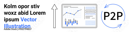 Upward arrow, data analytics dashboard with lines and bar charts, P2P icon. Ideal for business growth, statistics, data visualization, financial analysis, peer-to-peer technology, progress tracking