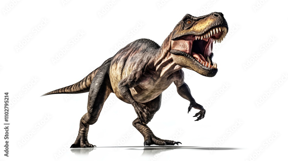 Fototapeta premium A fearsome Tyrannosaurus Rex digital illustration showcasing its imposing presence and powerful jaws against a stark white background. The detailed rendering emphasizes the dinosaur