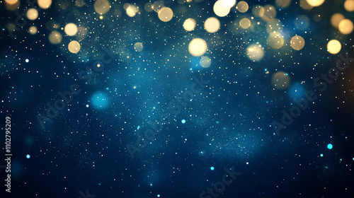 Abstract blue background with scattered gold glitter and bokeh with glow effect luxury christmas or new year celebration background design

