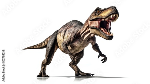 A fearsome Tyrannosaurus Rex digital illustration showcasing its imposing presence and powerful jaws against a stark white background. The detailed rendering emphasizes the dinosaur photo