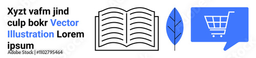 Open book, blue leaf, and shopping cart in speech bubble. Ideal for education, e-commerce, communication, knowledge, learning, nature, and online shopping themes. Landing page