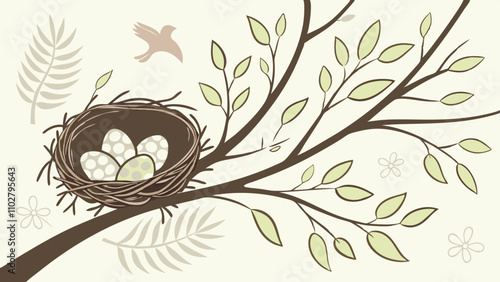 Bird's nest with eggs. Willow branches first greens. Easter background. Palm Sunday. Christian holiday. Spring background.
