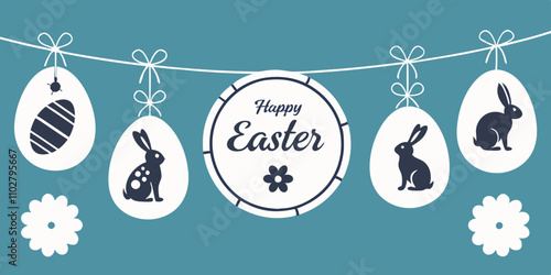 Easter web banner with garland of vintage Easter eggs on blue background with place for text. Happy Easter. Garland with silhouettes of vintage eggs suspended on strings.
