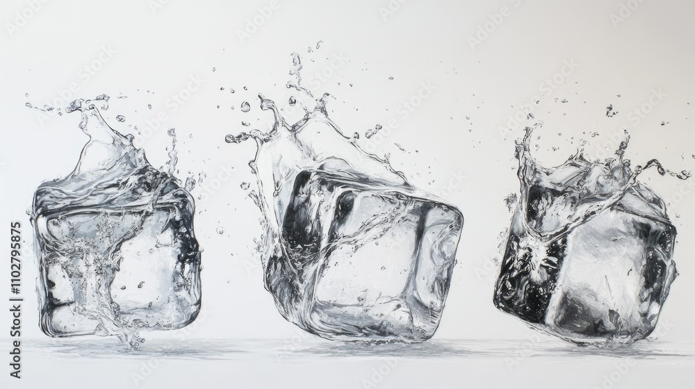 Three perfectly shaped ice cubes with realistic splashes of water flying outward, crisp and detailed against a pure white backdrop. Three perfectly shaped ice cubes with realistic splashes of water flying outward, crisp and detailed against a pure white backdrop.