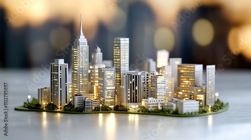 Detailed Miniature Cityscape Model with Modern Skyscrapers and Soft Lighting, Showcasing Urban Architecture and Design Elements in a Beautiful Evening Setting