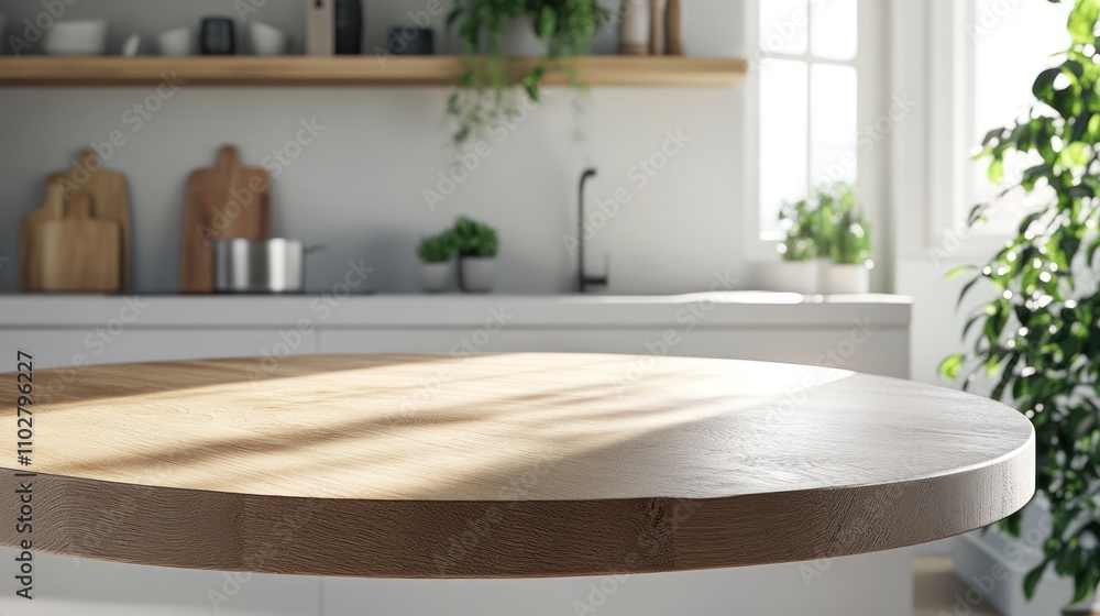 Sunlit Wooden Tabletop in a Modern Kitchen Sunlit Wooden Tabletop in a Modern Kitchen