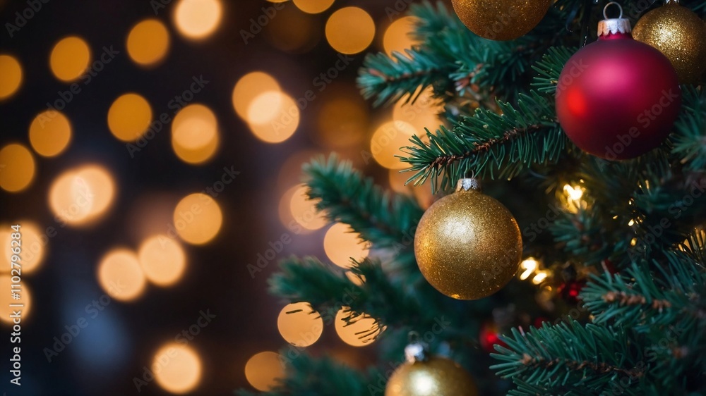 Close-up of gold and red ornaments on a Christmas tree with bokeh lights in the background. Close-up of gold and red ornaments on a Christmas tree with bokeh lights in the background.