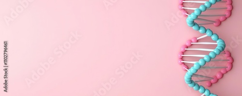 A colorful DNA double helix structure against a soft pink background, symbolizing genetics and molecular biology.